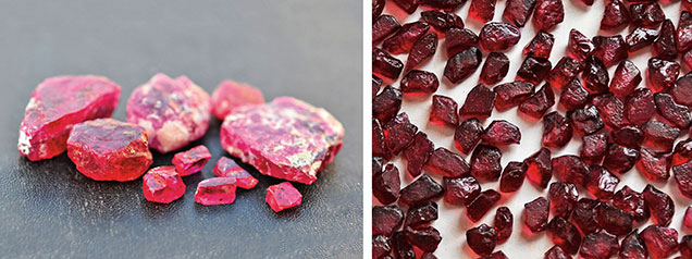 Rough rubies from primary and secondary deposits