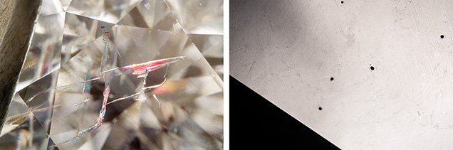 Figure 4. Examples of treatments documented in diamond. Left: Fracture filling in a feather on the table of a laboratory-grown diamond. Right: Reflective lighting displaying numerous laser drill holes in the table of a diamond. Photomicrographs by Nicole Ahline; fields of view 3.57 mm (left) and 4.79 mm (right).