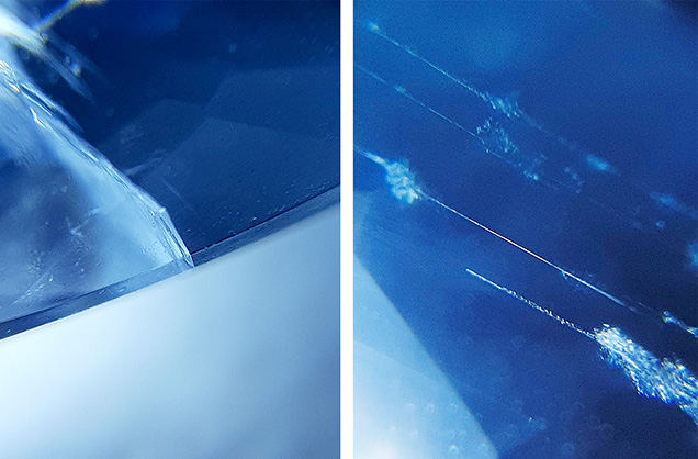 Figure 3. Left: The aquamarine−white beryl boundary. Right: Beryl channels parallel to aquamarine’s <em>c</em>-axis in the blue portion of the bicolor beryl. Photomicrographs by Marina Boncompagne; field of view 10.00 mm.