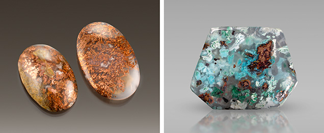 Figure 1. Left: Containing abundant amounts of native copper but no secondary copper minerals, these two chalcedony quartz cabochons, weighing more than 40 ct each, come from Lawang Kori, West Java Province, Indonesia. Right: This 16.91 ct chalcedony cabochon from Obi Island, Indonesia, on the other hand, contains secondary copper minerals including turquoise blue chrysocolla, green malachite, and a small amount of deep red cuprite. Photos by Annie Haynes (left) and Rhonda Wilson (right).