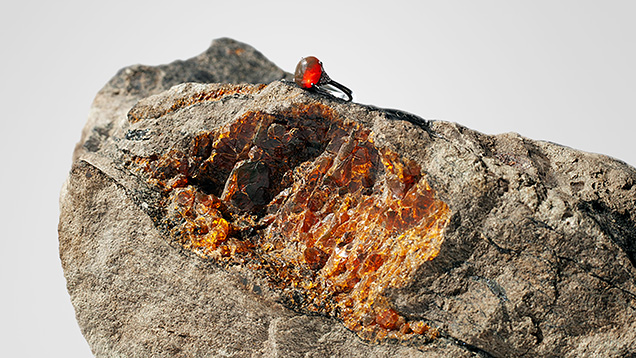 Phu Quoc amber in matrix and an orangy red amber cabochon set in a ring.