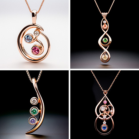 Figure 3. Images generated by Midjourney 5.2 from the prompt “a rose gold pendant with contrasting round gems.”