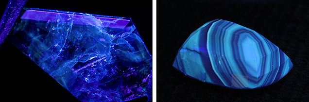 Figure 7. Left: An emerald seen in long-wave UV, highlighting the filled fractures in the stone. Photomicrograph by Nicole Ahline; field of view 19.27 mm. Right: A heated natural blue sapphire emits chalky blue to green fluorescence in short-wave UV. Photo by Nicole Ahline and Jessa Rizzo.