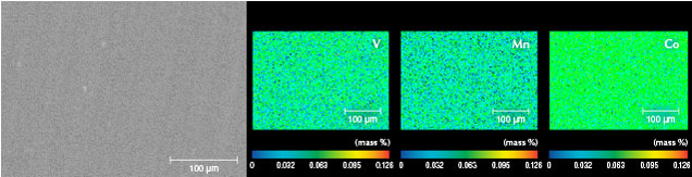 Figure 6. BSE image and corresponding EPMA maps of the coated surface of sample BM01, showing that it contained uneven distributions of vanadium, manganese, and cobalt. All three elements were examined in the same area.