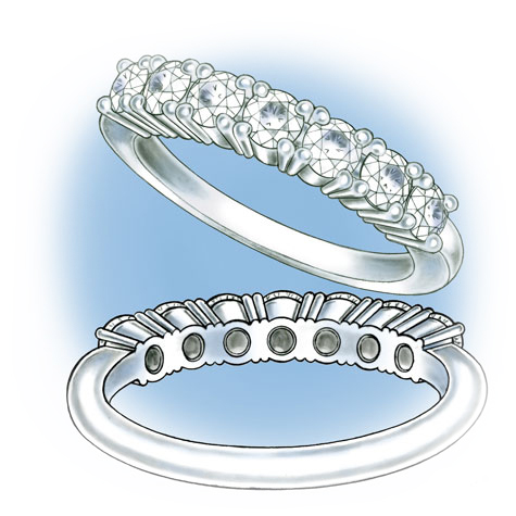 Perspective view of a platinum ring with diamonds set in the shank