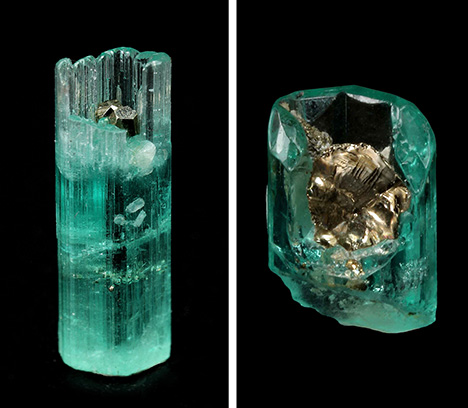 Figure 20. Emerald crystals in the form of incomplete cups with pyrite crystals at the bottom of the cavities, which are surrounded by incomplete rims. Sample 20 on the left is 13.0 mm in length, and sample 21 on the right is 9.0 mm in length. Photos by G. Martayan.