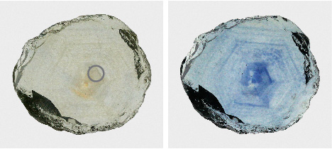 Figure 40. The Rock Creek sapphire in example 1, measuring 9.5 × 8.2 mm, before (left) and after (right) heat treatment shows the blue coloration introduced during treatment. The gray circle on the left shows the position of the UV-Vis spectroscopic measurement. Photos by Aaron Palke.