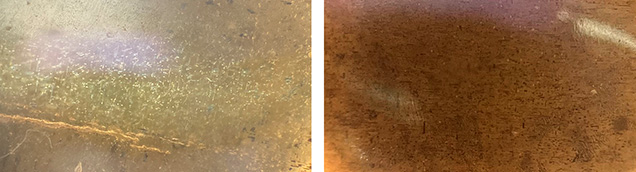 Figure 4. Similar inclusions observed in a 2.89 ct lighter colored four-rayed star peridot (left) and a 3.56 ct darker colored four-rayed star peridot (right) studied for comparison. Photomicrographs by Lore Kiefert; fields of view approximately 2.0 mm (left) and 1.8 mm (right).