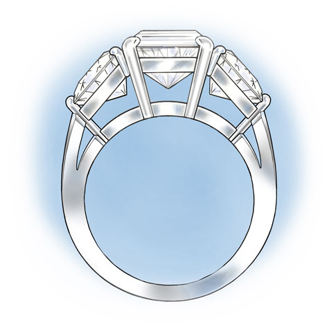 Side view of a three-stone platinum ring with a cushion-shaped center stone flanked by two trillion-cut stones