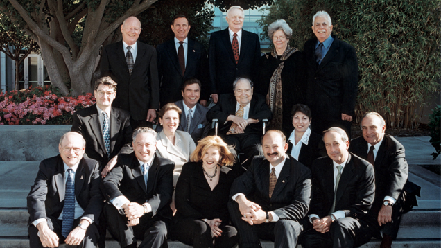 alt="The GIA Board of Governors in an undated photo with Chair Helene Fortunoff (bottom row, center). Top row, standing: William Cottingham, Ralph Destino, Glenn Nord, Nancy Brewer, Roland Naftule. Second row seated: George Rossman, Matt Stuller, Richard T. Liddicoat. Third row seated: Susan Jacques, Anna Martin, Michael Kazanjian. Front row, seated: Sheldon Kwiat, Eli Haas, Helene Fortunoff, William Boyajian and Lee Berg." alt="The GIA Board of Governors in an undated photo with Chair Helene Fortunoff (bottom row, center). Top row, standing: William Cottingham, Ralph Destino, Glenn Nord, Nancy Brewer, Roland Naftule. Second row seated: George Rossman, Matt Stuller, Richard T. Liddicoat. Third row seated: Susan Jacques, Anna Martin, Michael Kazanjian. Front row, seated: Sheldon Kwiat, Eli Haas, Helene Fortunoff, William Boyajian and Lee Berg."
