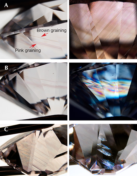 Pink diamonds exhibiting both pink and brown graining