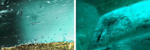 Figure 5. Inclusions in two emeralds from the pendant shown in figure 2. The jagged three-phase inclusions support a Colombian origin. Photomicrographs by Aaron Palke; fields of view 1.76 mm (left) and 1.99 mm (right).