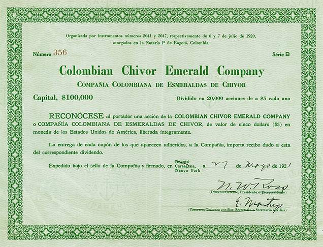 Share certificate for the Colombian Chivor Emerald Company