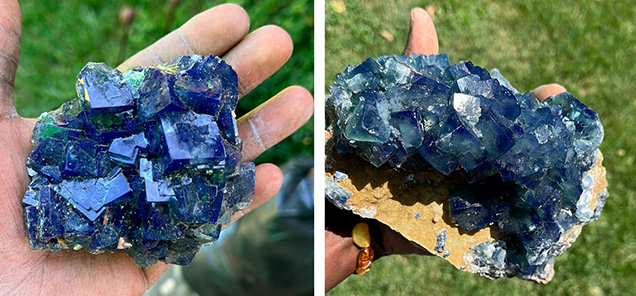 Figure 1. Fluorite specimens from the Jalingo mine in northeastern Nigeria shown in sunlight displaying violetish blue color (left) and obvious color zoning (right). Courtesy of Jigga Collins.