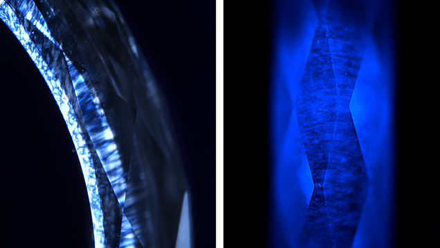 Figure 3. Strong birefringence observed under cross-polarized light (left) and blue fluorescence observed in the DiamondView (right). Images by Paul Johnson (left) and Madelyn Dragone (right).