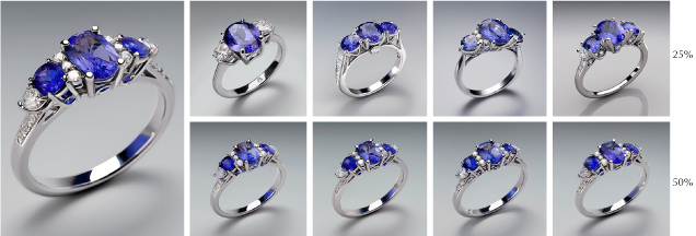 Figure 14. Dream Studio SDXL v1.0 AI-generated image using the prompt “platinum three-stone ring, tanzanite center gem, diamond side gems, photorealistic” (left) and variations with 25% and 50% image strength (right).