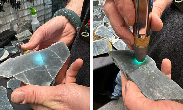 Figure 2. The bluish jadeite jade from Guatemala showed high transparency and a very fine texture (left). Some displayed green veins throughout. A flashlight revealed a slight green tint in some pieces with high transparency and fine texture (right). Photos by Tao Hsu; courtesy of Yax Tun Minerals.