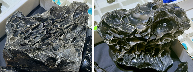 Figure 1. Left: Oriented degassing bubbles in obsidian “quenched” during the cooling process. Right: The vesicles varied in size and shape and were separated by extremely thin and sharp septa. Photos by Cristiano Brigida; courtesy of Bojo Jewelry & Minerals.