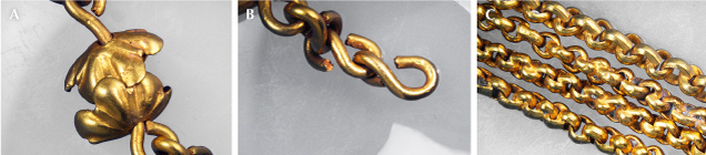 Figure 8. Gold chains showing the style of chain assembly used by jewelry makers in the New World. Photomicrographs by Aaron Palke; fields of view 19.27 mm (A), 19.27 mm (B), and 14.52 mm (C).
