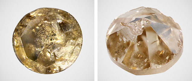 Figure 2. Table (left) and pavilion (right) views of the removed 0.0119 ct melee stone. Photos by Shunsuke Nagai.