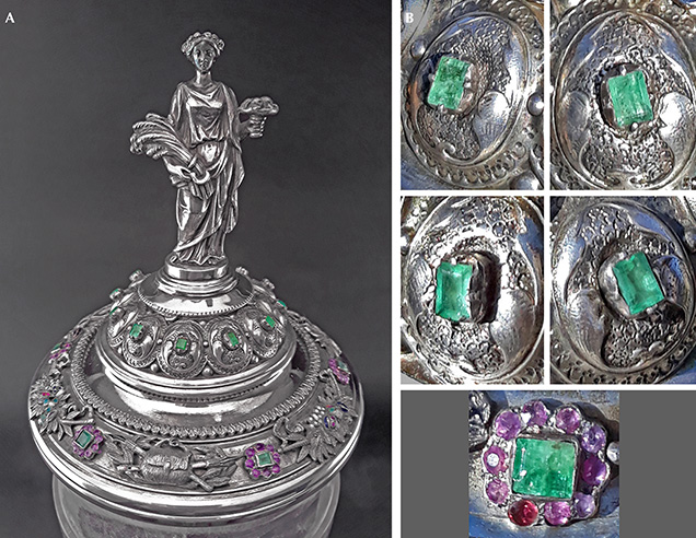 Silver goblet lid containing emeralds, possibly from Habachtal