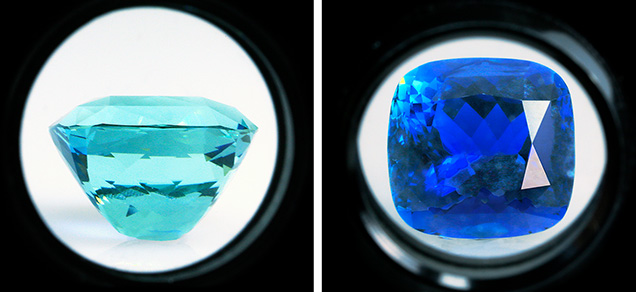 Figure 1. A 55 ct cushion-cut aquamarine exhibiting a distinct light bluish green and deep blue pleochroism using a dichroscope. Photos by Kaiyin Deng; courtesy of Farrugia Gem.