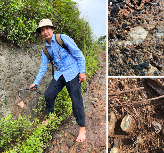Figure 3. Nodules of anorthoclase were discovered in massive basalt by the lead author in sizes up to 22 cm (A), 6 cm in vesicular basalt (B), and 4 cm as fragments in alluvial deposits (C). Photos by Pham Minh Tien.