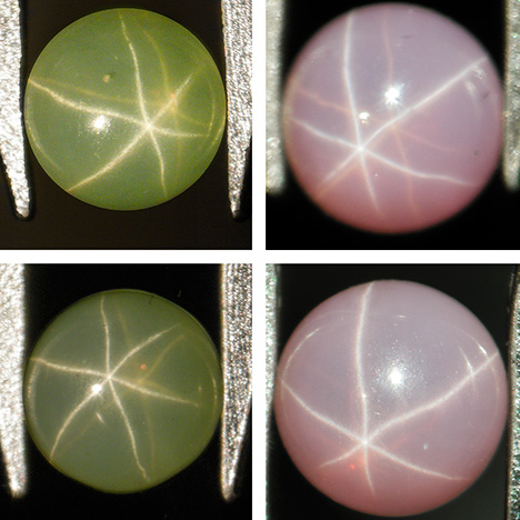 Light yellowish green sapphire and pink sapphire, both with dual-color double asterism, before and after grinding and repolishing