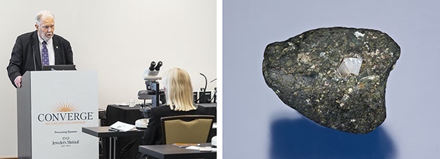 Figure 1. Left: James Shigley presents on the unique story of natural diamond. Right: A kimberlite eruption plucked this 52.45 ct diamond octahedron from deep below the earth’s surface, where it might have rested for billions of years. Photos by Emily Lane (left) and Robert Weldon; courtesy of the GIA Sir Ernest Oppenheimer Student collection (right).