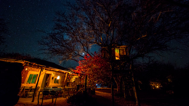 小房子（左）和树屋（右）的闪闪亮光与漫天星辰交相辉映。