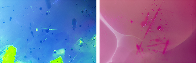 Both the blue and pink opal showed dye color concentrations around pits and scratches on the surface.