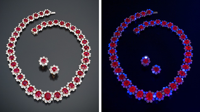 Figure 1. Burmese ruby and diamond necklace and earrings under daylight-equivalent (left) and long-wave ultraviolet (right, ~365 nm) illumination, revealing an alluring fluorescence response. Several of the diamonds show blue fluorescence attributed to the N3 (N3V0) defect, whereas trivalent chromium ions (Cr3+) produce red fluorescence in the rubies. Intense red fluorescence is particularly common in Burmese rubies, though not exclusive to them (Webster, 1975; Fritsch and Waychunas, 1994). Courtesy of a private collector and Mona Lee Nesseth, Custom Estate Jewels. Photos by Robert Weldon.