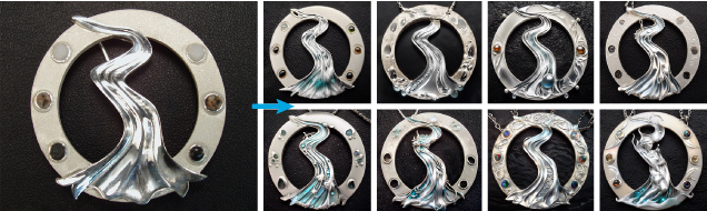 Figure 8. Left: A sterling silver “River” brooch by Dolmen Metalworks featuring Mississippi River stone cabochons. Photo by Michael Magee. Right: Eight necklace variations created in Dream Studio SDXL v1.0 using the prompt “silver necklace, water motif, sandblast and high-polish, cabochons.” The sixth image was generated without stones.