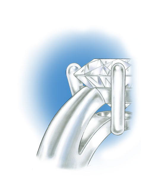 Close-up side view of platinum, four-prong solitaire with a round center stone