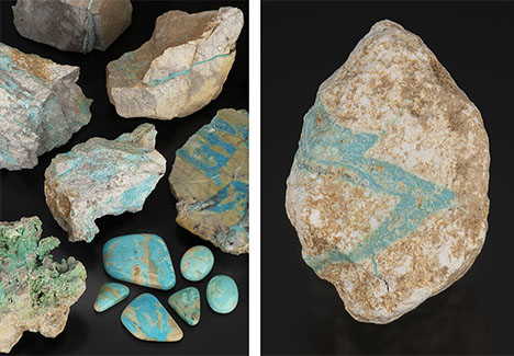 Figure 1. Left: Rough and cut turquoise and matrix from the Mona Lisa mine, Polk County, Arkansas. Rock samples are untreated, while the polished slab and cabochons (4.16–37.19 ct) are stabilized. Right: “Lightning bolt” untreated turquoise in matrix specimen (27.90 ct) from the Mona Lisa mine. Photos by Emily Lane.