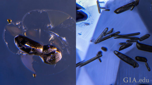 サファイアのインクルージョンの2つの画像。