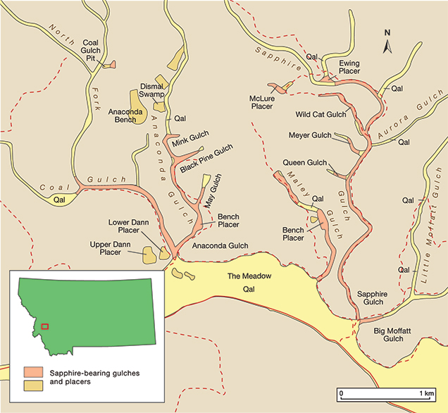 Sapphire-mining gulches and placers at Gem Mountain