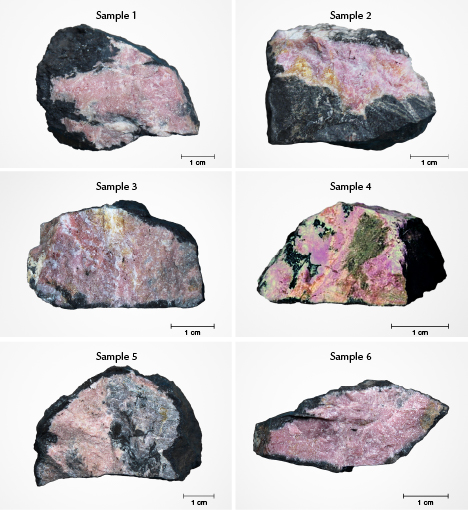 Rough samples of rhodonite from Tanatz Alp, Switzerland