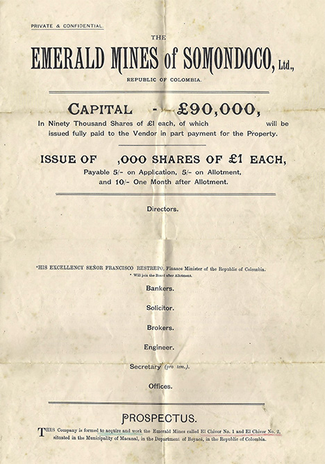 Prospectus from 1913–1914 to form Emerald Mines of Somondoco, Ltd.