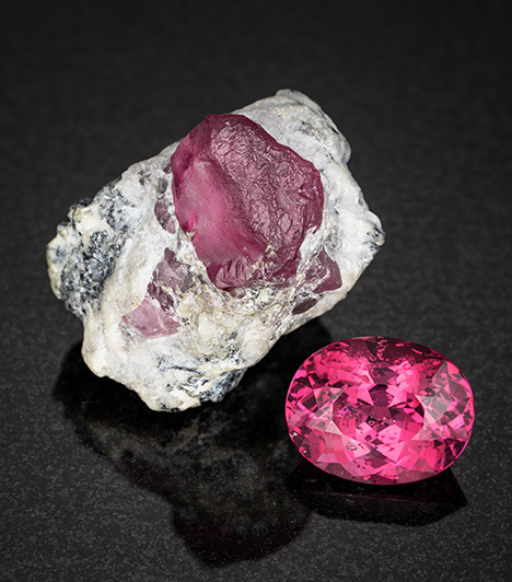 Faceted and in matrix samples of Kuh-i-Lal pink spinel.
