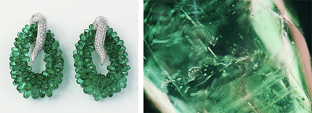 Left: The drilled green briolettes. Right: Fluid inclusions, crystals, and two-phase inclusions.