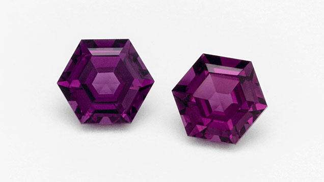 Figure 10. A pair of 5 mm hexagonal step-cut grape garnets from the State of Odisha on the Bay of Bengal in eastern India. Courtesy of Eric Braunwart, Columbia Gem House.