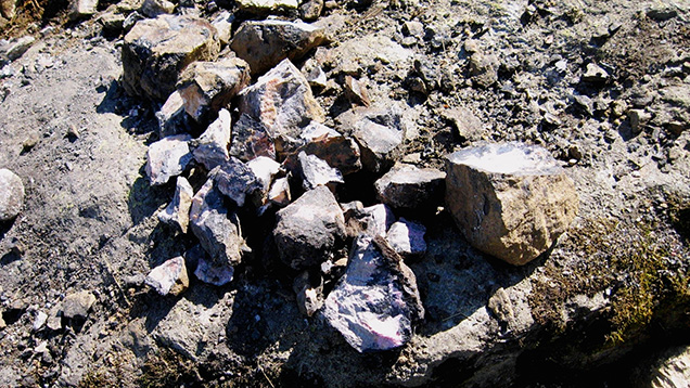 Loose assortment of blocks containing rhodonite mineralizations