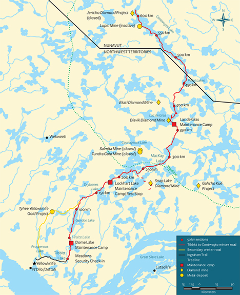 Map of the arctic ice road through Diavik