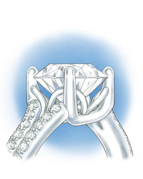 Side view of platinum solitaire with a split shank, with diamonds set in the shank