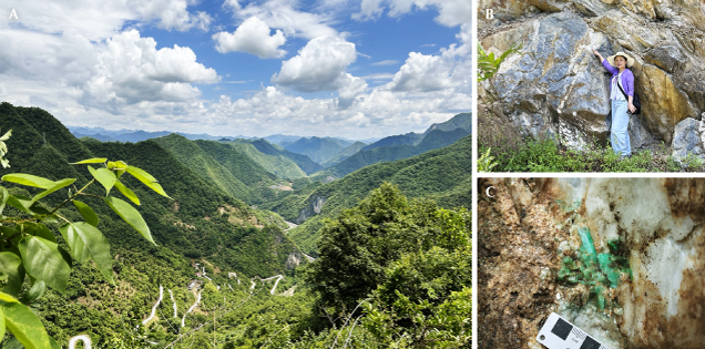 Figure 4. The Zhen’an emerald mines are located in the South Qinling Belt. A: En route to emerald mines in the Qinling Mountains. B: Author Xiao-Yan Yu points to the quartz vein outcrop. C: Columnar emerald aggregate with green mica in the quartz vein. Photos by Yi Guo (A and B) and Xiao-Yan Yu (C).