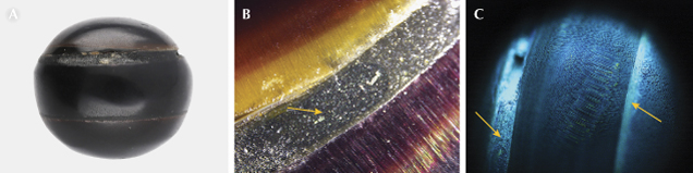 Three images: A) A black spherical object. B) A close-up of layered materials with an arrow indicating a feature. C) A blue-lit close-up showing textured lines with arrows pointing to details.