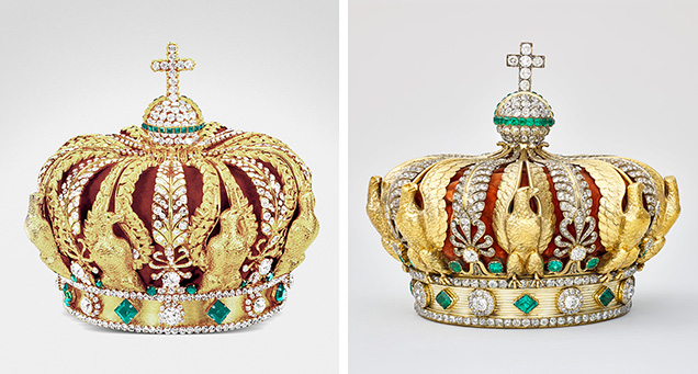 Reproduction of Napoleon III’s crown (left) and Empress Eugénie’s crown (right).