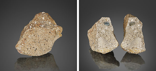 Figure 10. Left: This French Bar sill sapphire-in-matrix specimen was removed using simple hand tools. Right: When hammered, the matrix often breaks along the sapphire edge, with the crystal protruding out of the broken matrix (left, CRK-FBS 045), while the other portion has a concave impression covered in a layer of biotite (phlogopite) over a very thin layer of clay (right, CRK-FBS 046). The sapphire crystal is 9 mm in length. Photos by Jeff Mason.