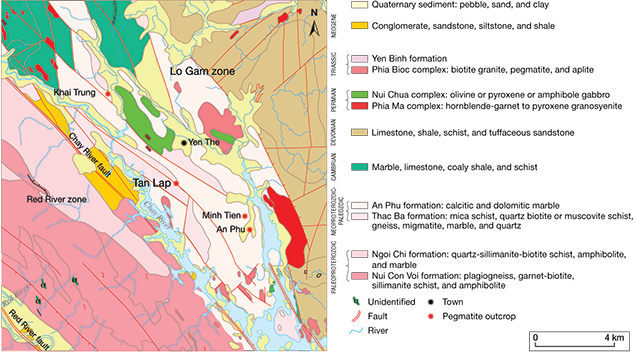 Geological map of tourmaline-bearing pegmatites in Luc Yen district